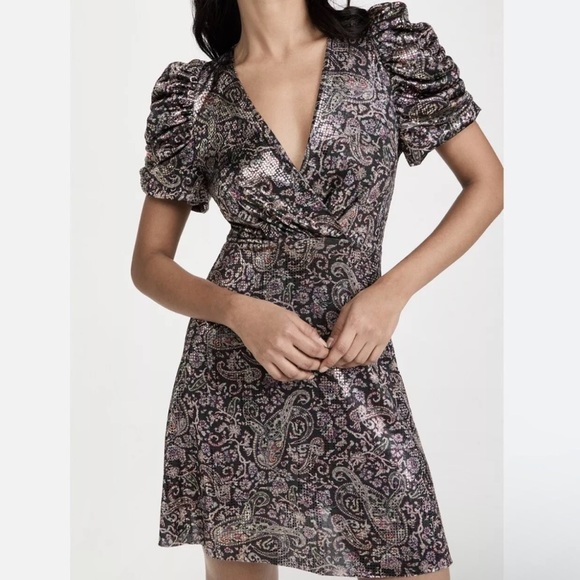 Ba&sh Shopbop Gala Puff Sleeve Metallic Paisley Floral Mini Dress Noir size xs 2 - Picture 1 of 16